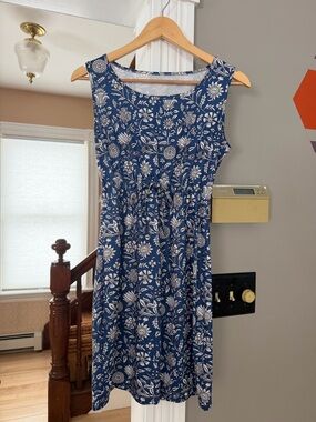 Blue Floral Sleeveless Drawstring Women's Dress